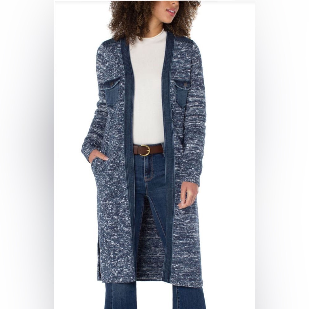 Liverpool Los Angeles blue duster sweater w/denim trim Small Retail‎ $179